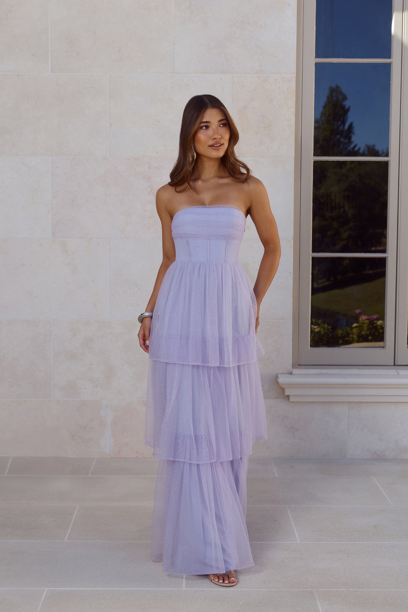 Premiere Glam Strapless Tulle Maxi Dress Lilac