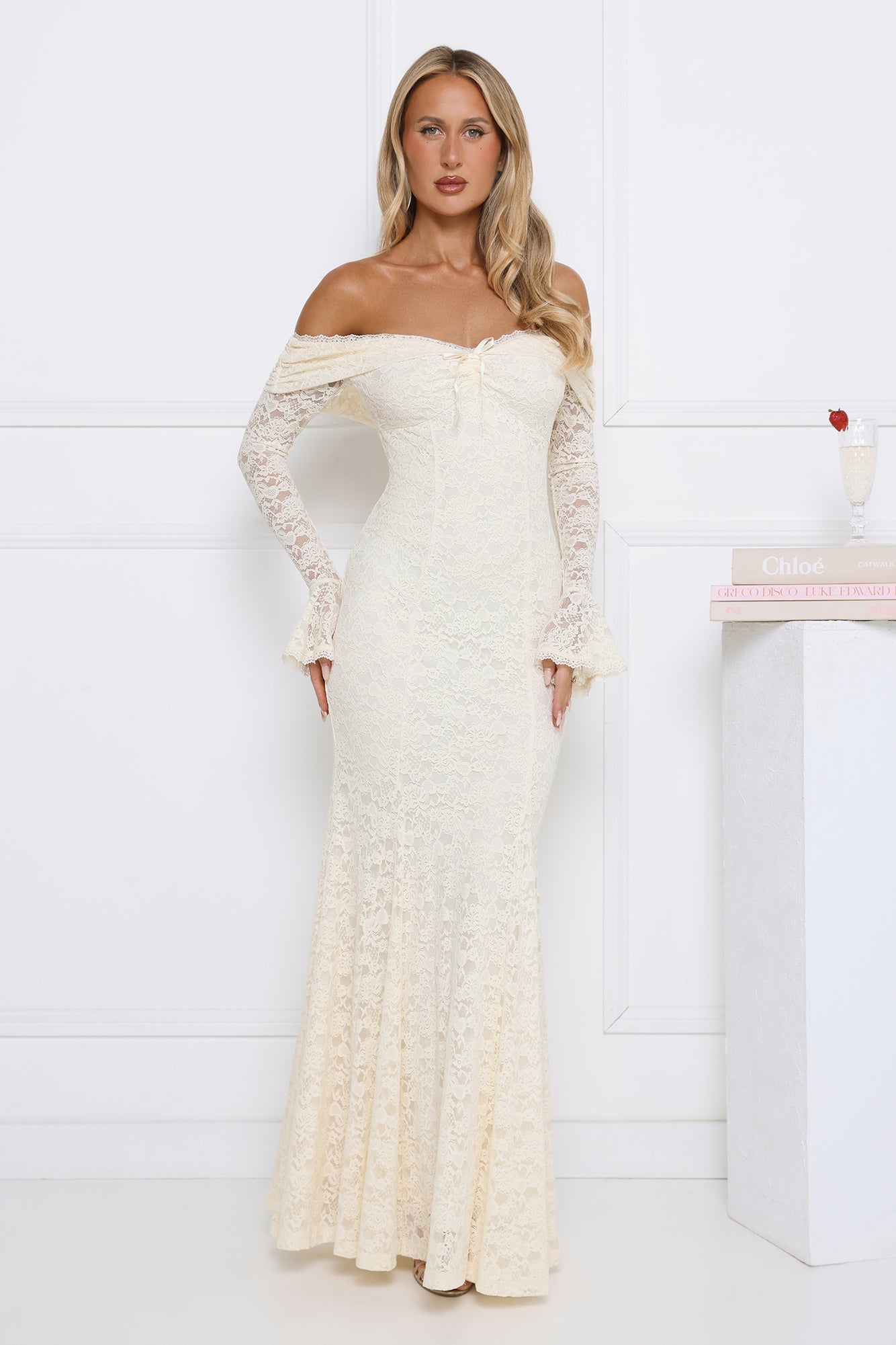 Laced Up Luxe Off Shoulder Maxi Dress Cream