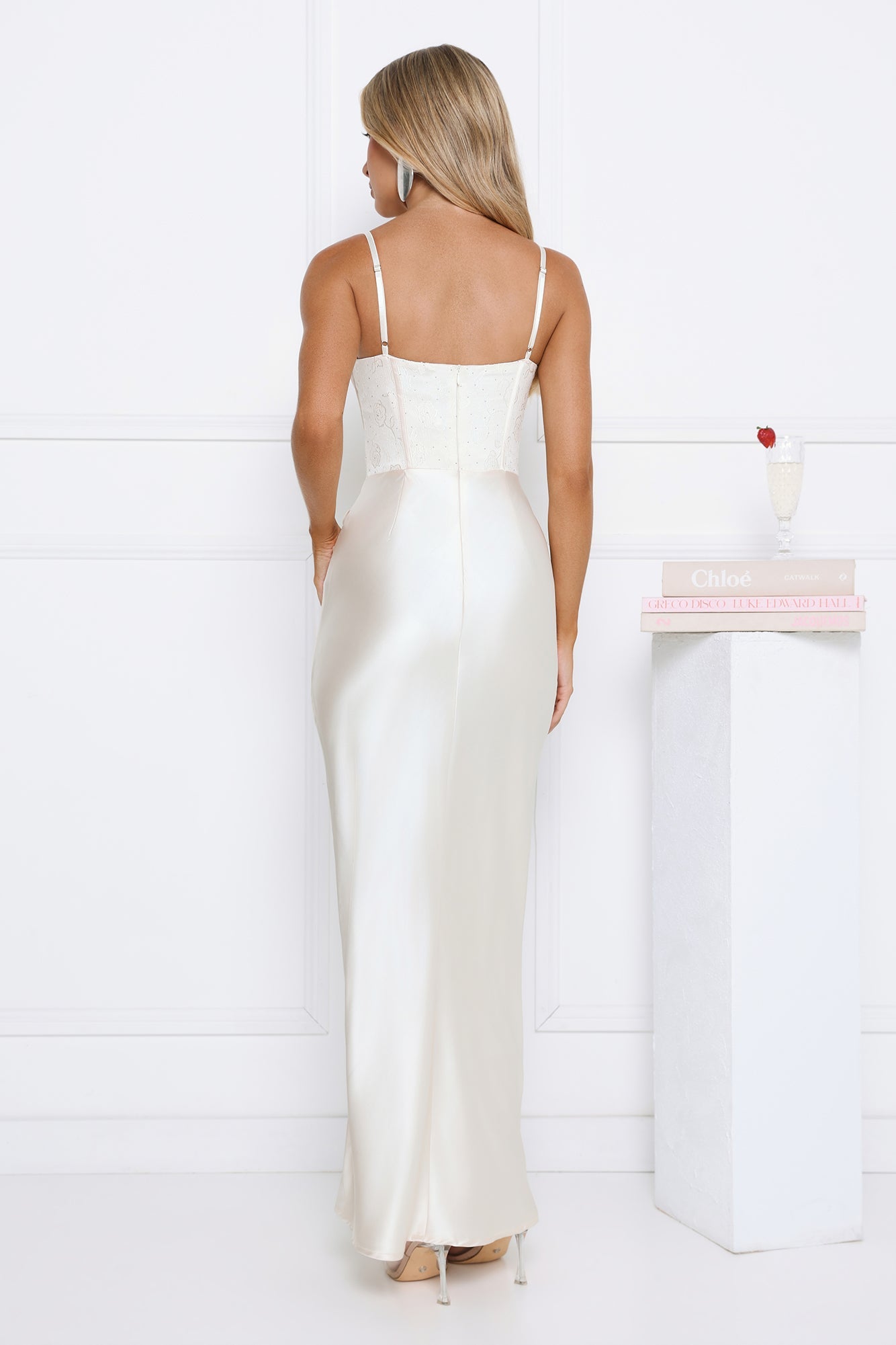 Shimmering Horizon Satin Maxi Dress Cream