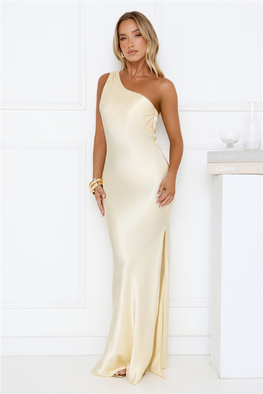 Modern Day Love One Shoulder Satin Maxi Dress Yellow
