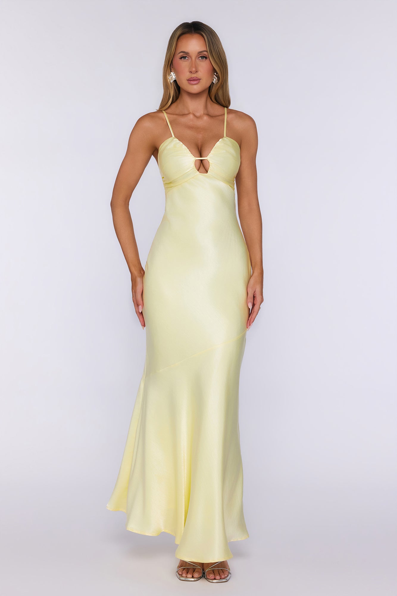 Polished Pretty Satin Cutout Maxi Dress Yellow