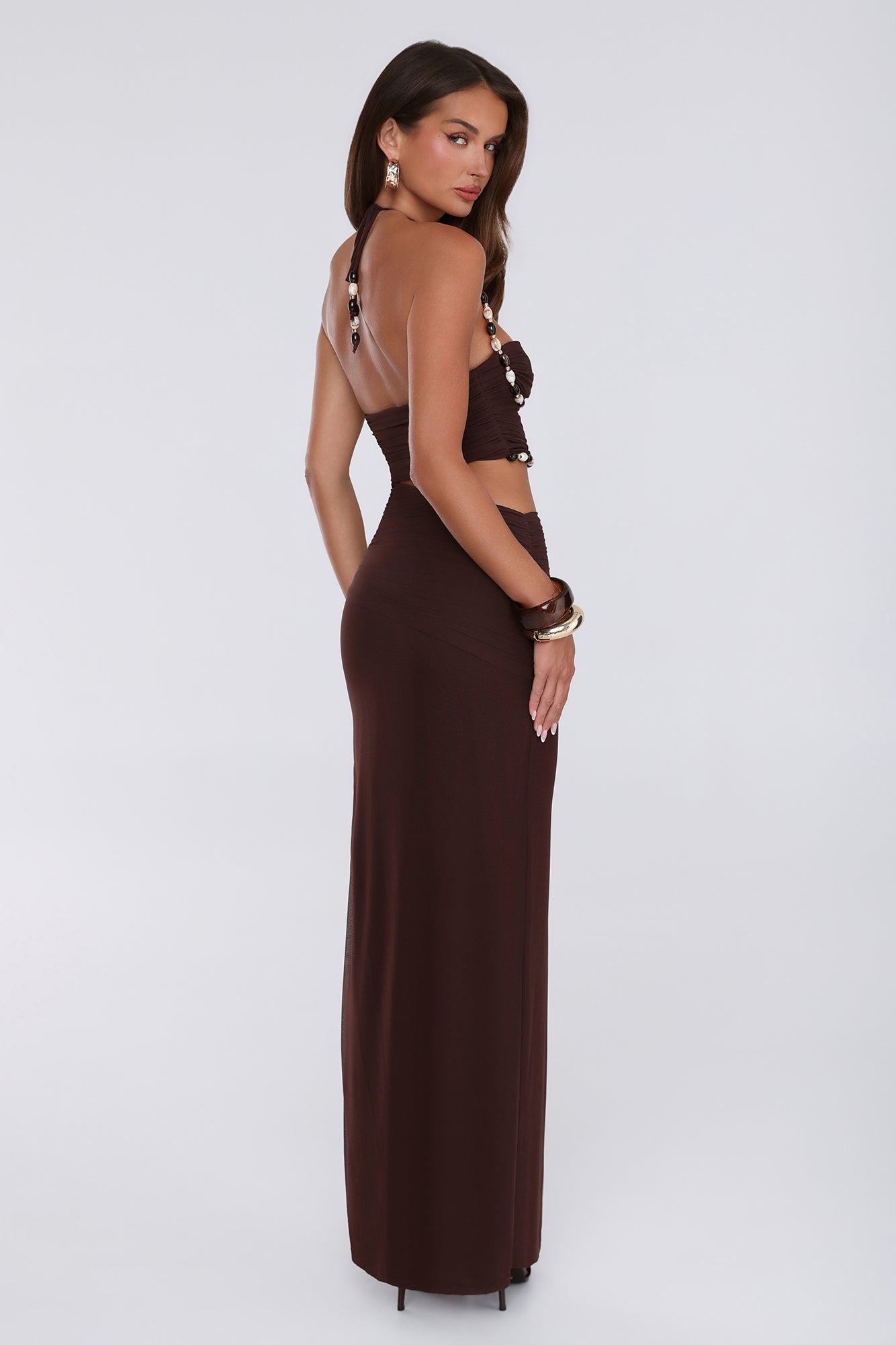 Shell Kissed Mesh Halter Maxi Dress Brown