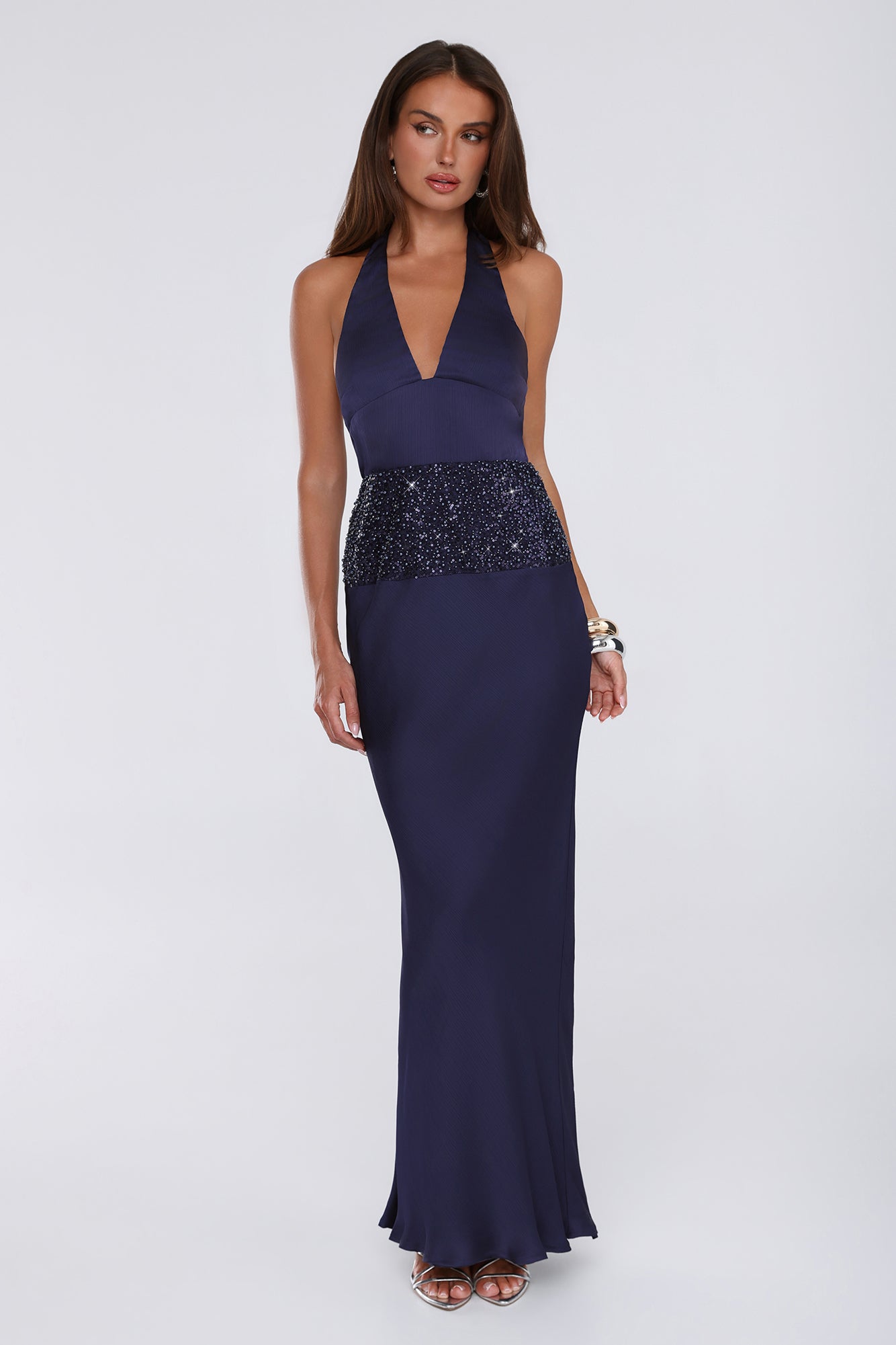 Style Icon Energy Halter Satin Maxi Dress Navy