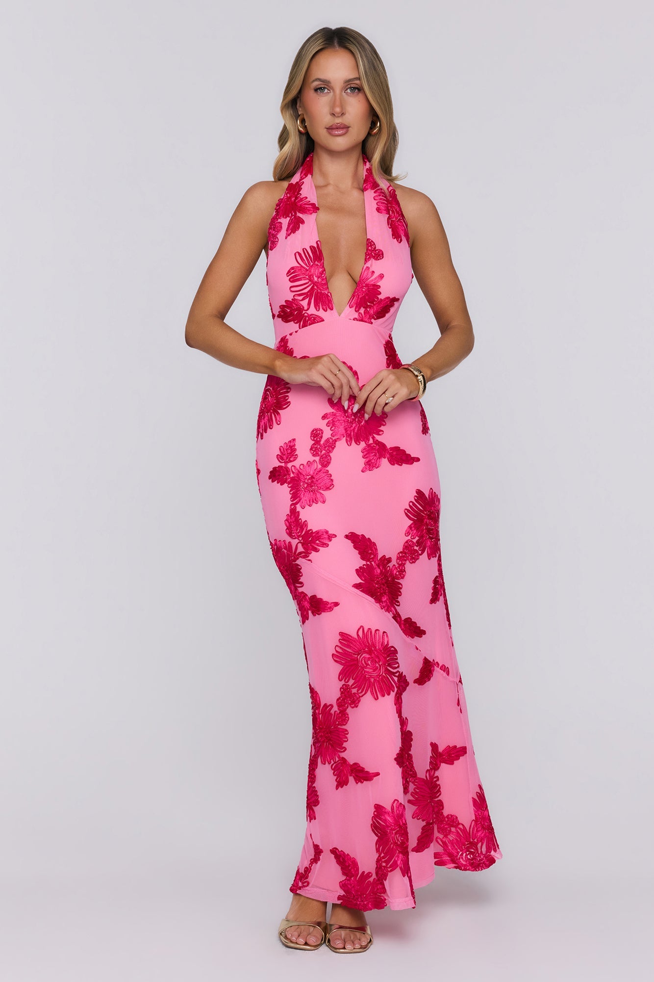 Electric Darling Mesh Halter Maxi Dress Pink