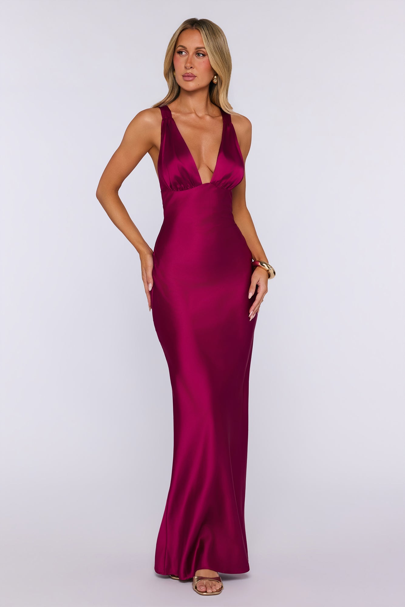 Polished Affair Satin Maxi Dress Berry