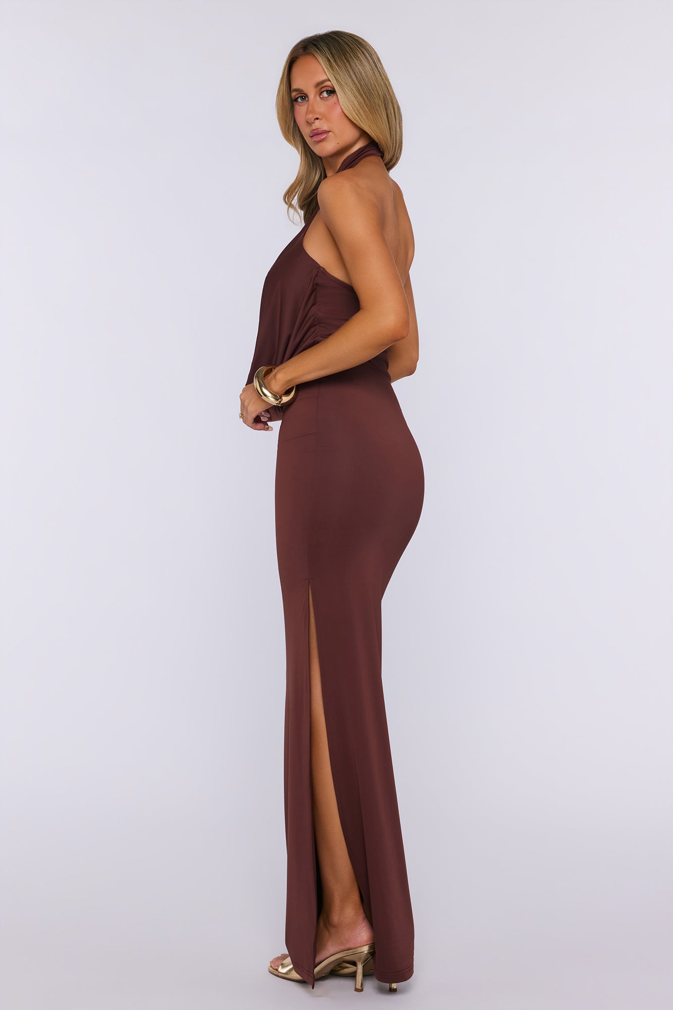 Salt Air Seduction Halter Maxi Dress Brown