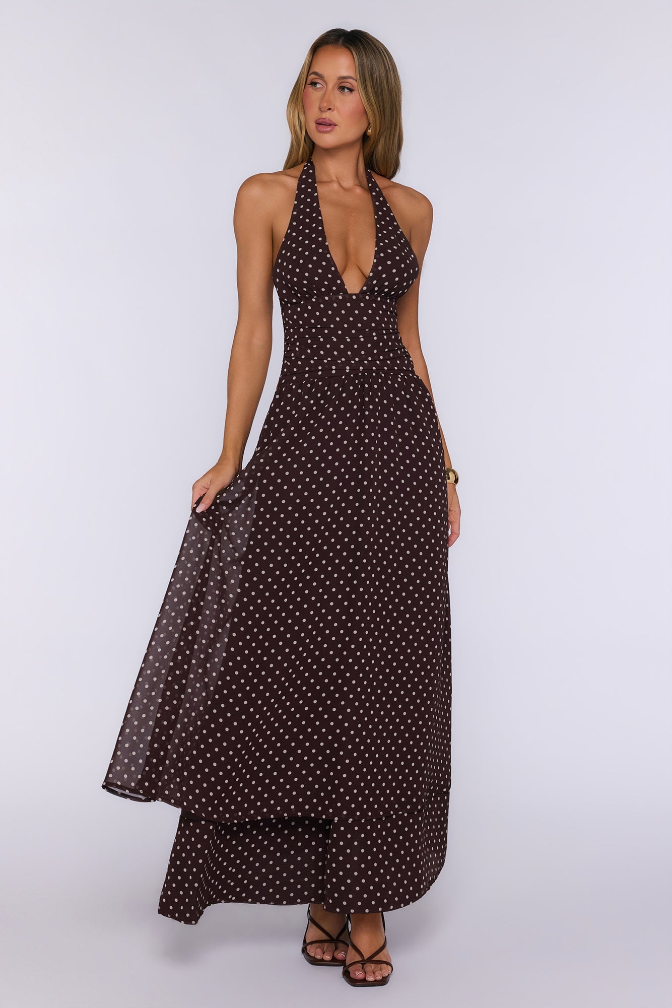 Dress Louder Halter Polka Dot Maxi Dress Brown