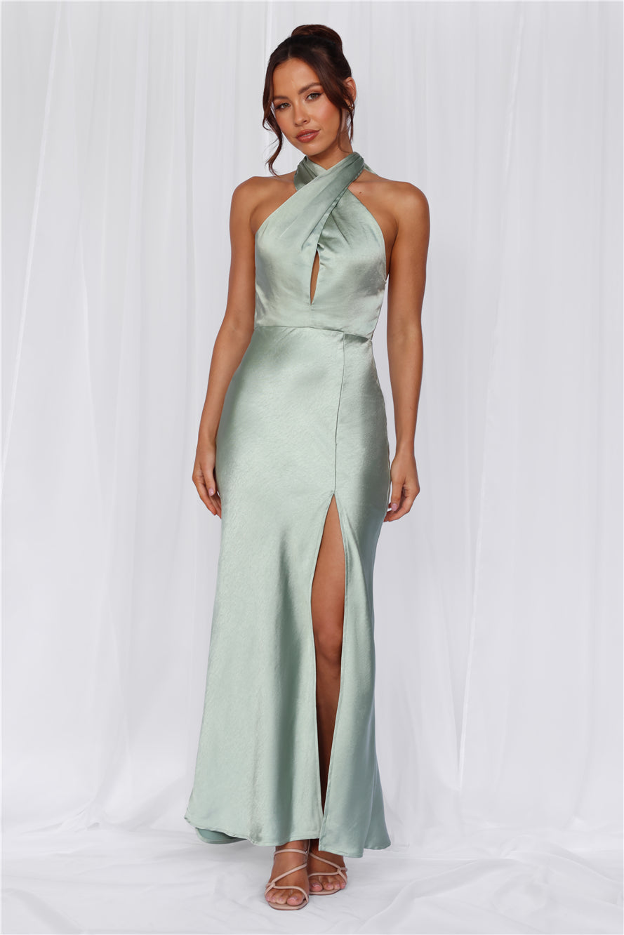 HELLO MOLLY The Adeline Halter Satin Maxi Dress Sage