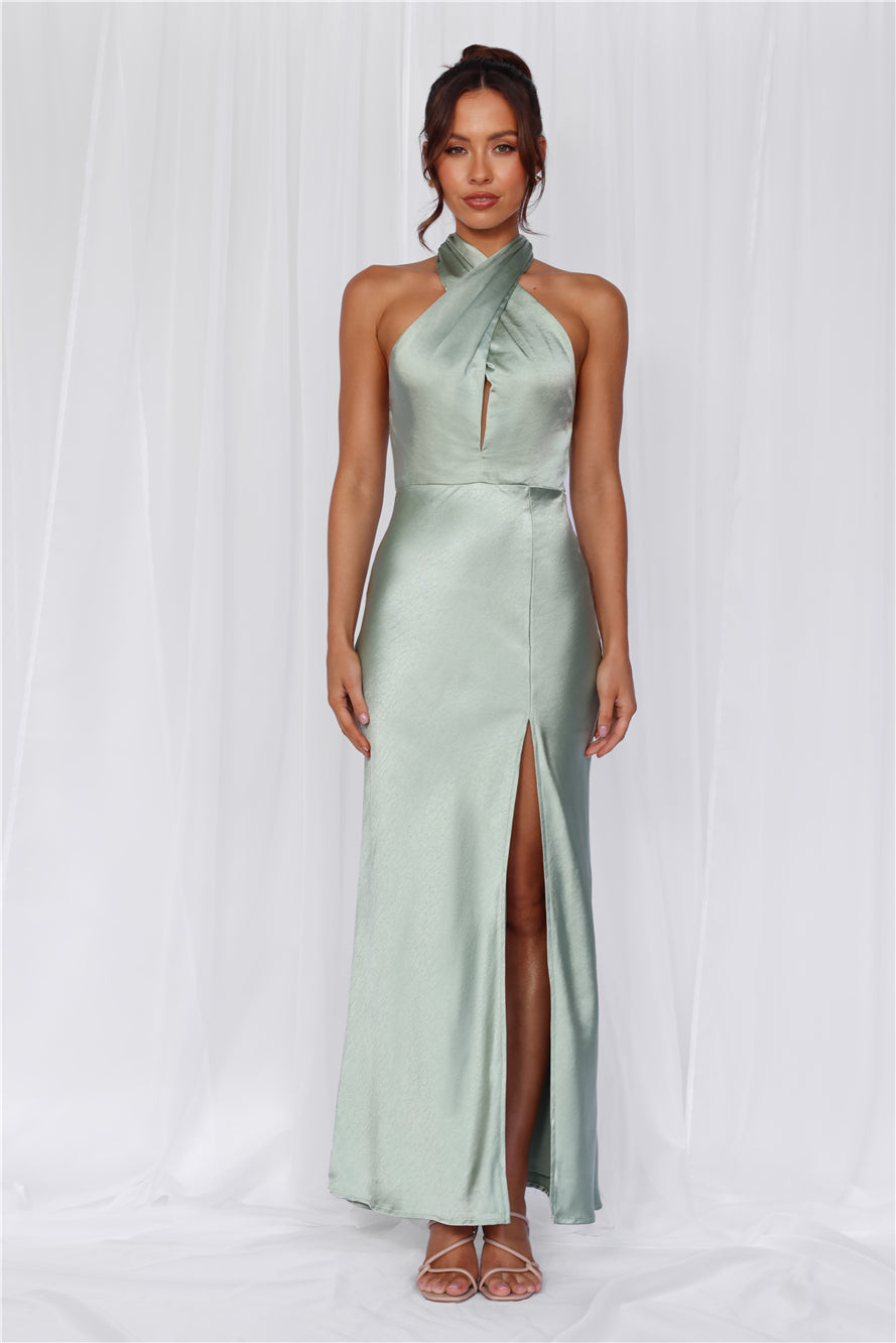 HELLO MOLLY The Adeline Halter Satin Maxi Dress Sage