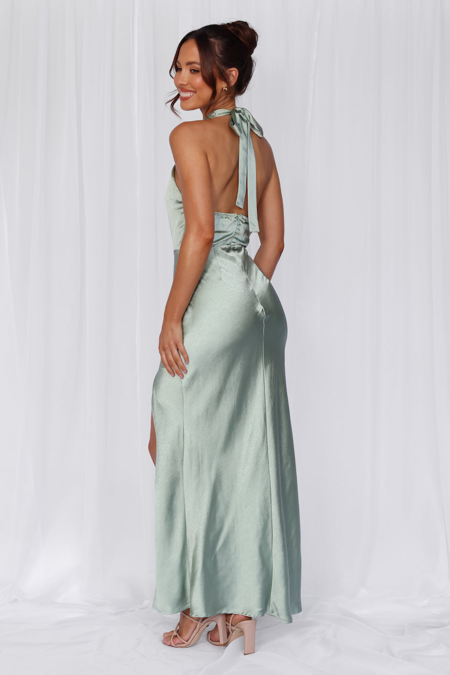 HELLO MOLLY The Adeline Halter Satin Maxi Dress Sage
