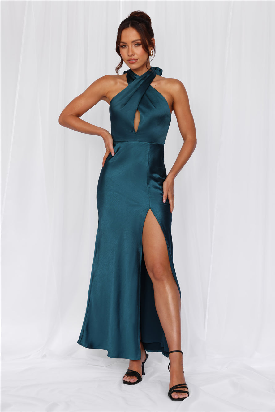 HELLO MOLLY The Adeline Halter Satin Maxi Dress Teal