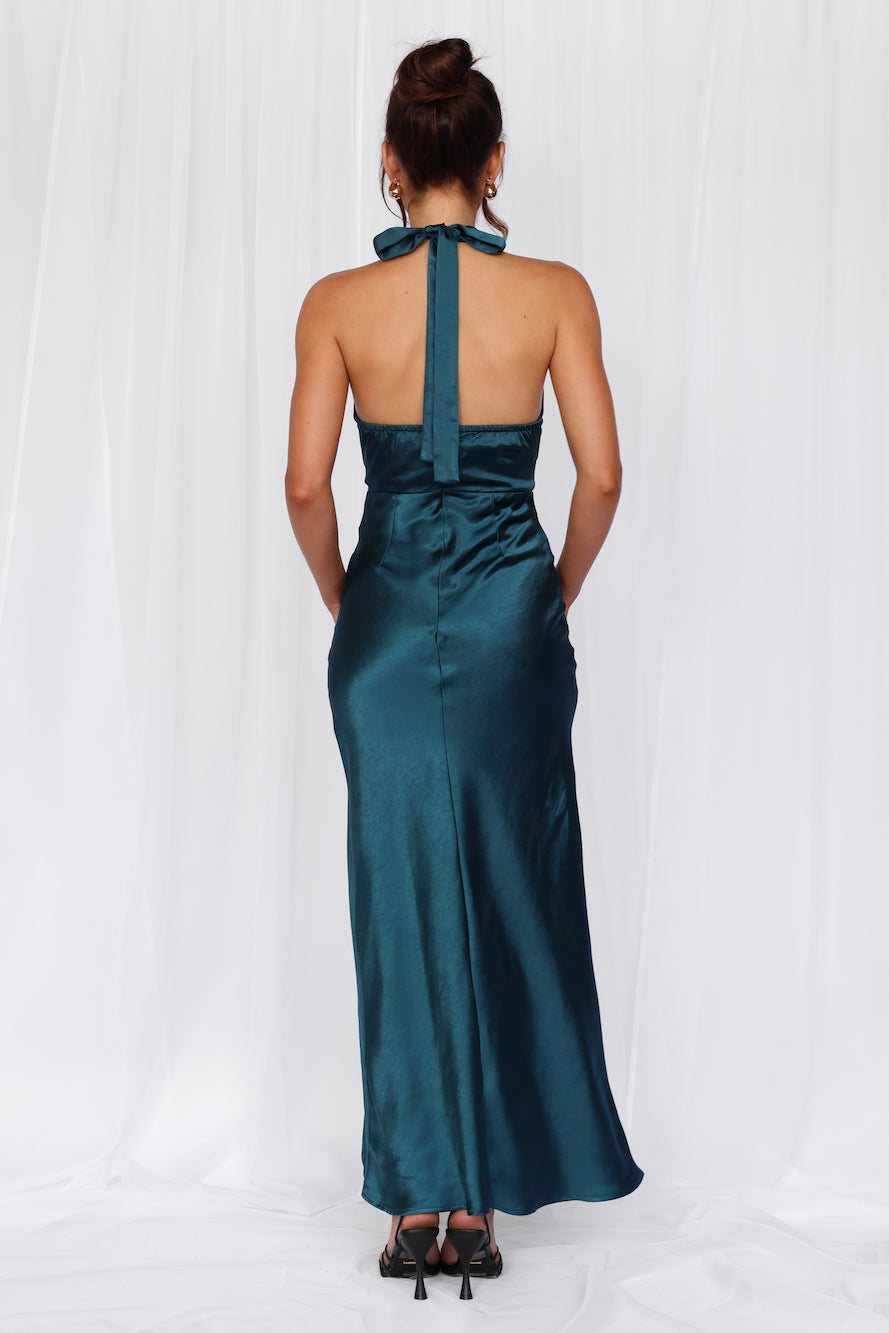 HELLO MOLLY The Adeline Halter Satin Maxi Dress Teal