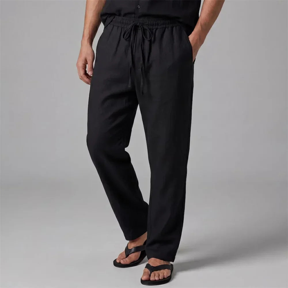 Men's Long Pants Straight Leg Vacation Style Casual Solid Color Trousers Old Money Cotton Linen Comfortable Lightweight Pants