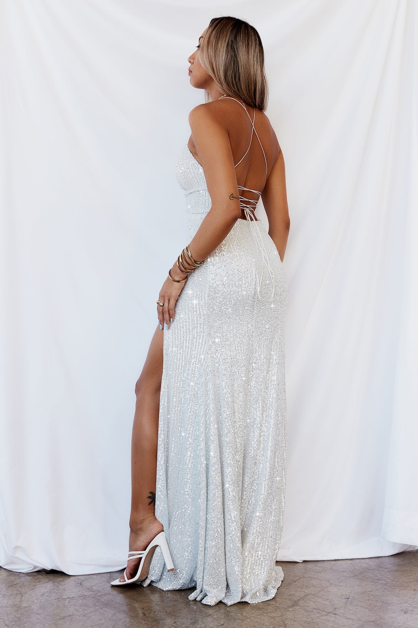 Shimmer Lake Maxi Dress Silver Sequins