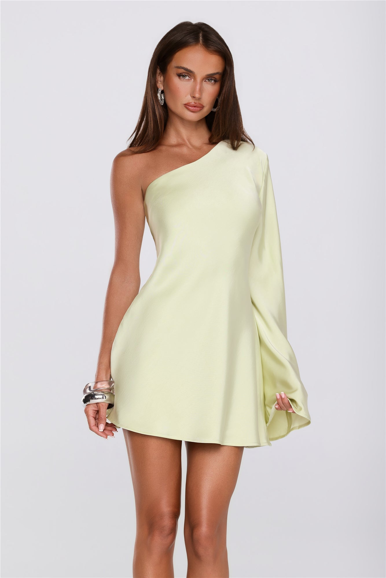 Pearl Radiance One Shoulder Satin Mini Dress Green