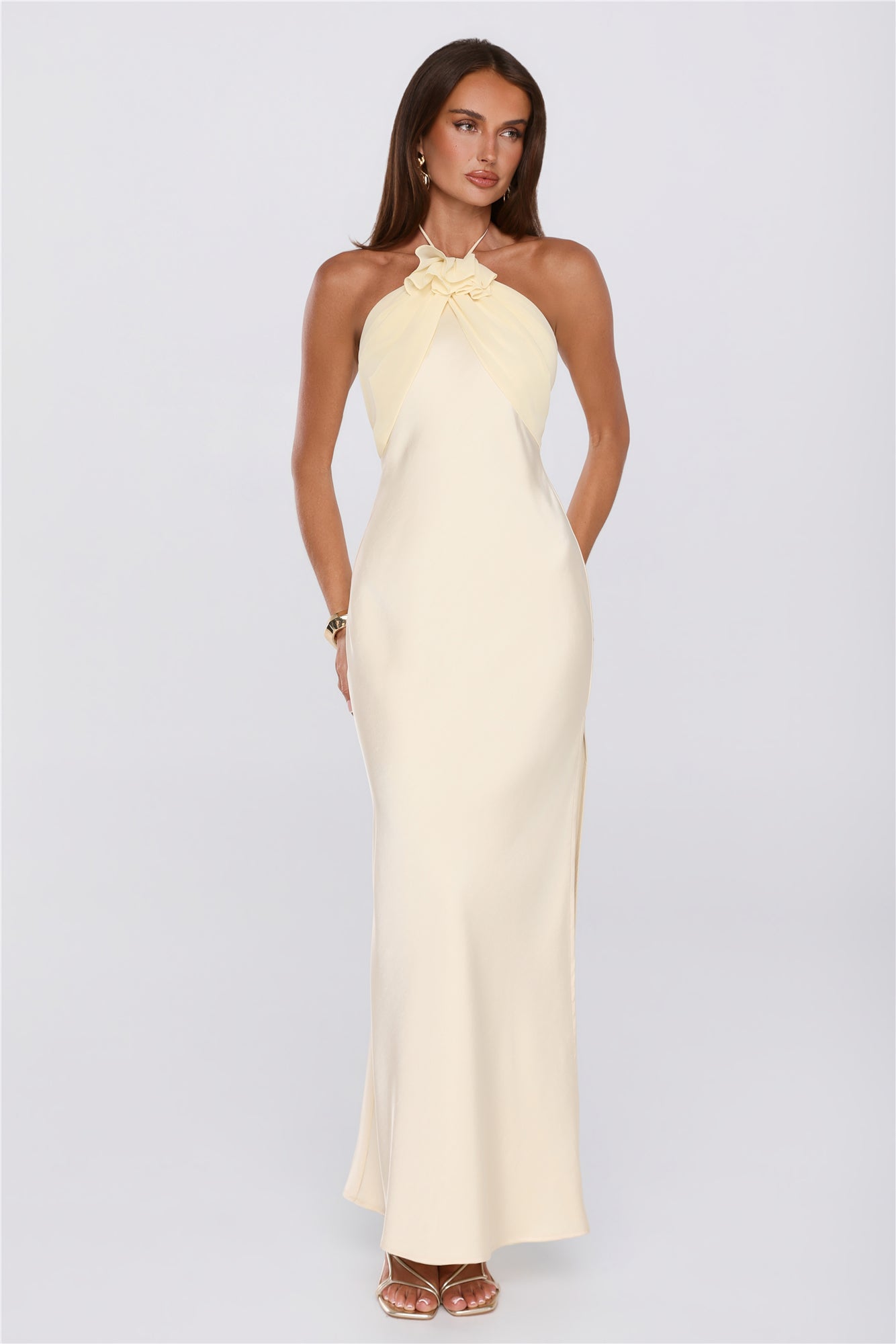 Irresistibly Sleek Halter Satin Maxi Dress Yellow