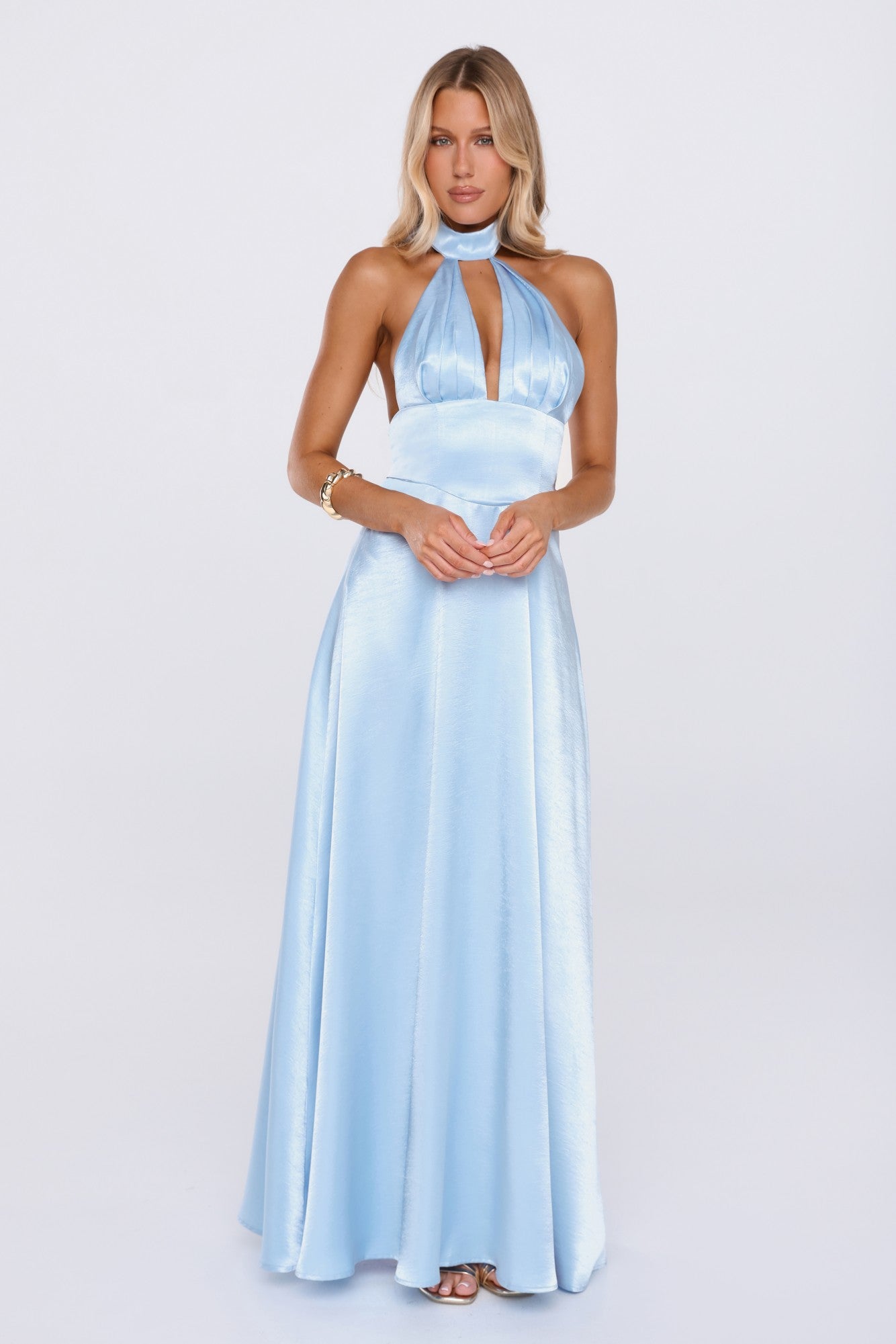 The Dress Diary Satin Halter Maxi Dress Blue