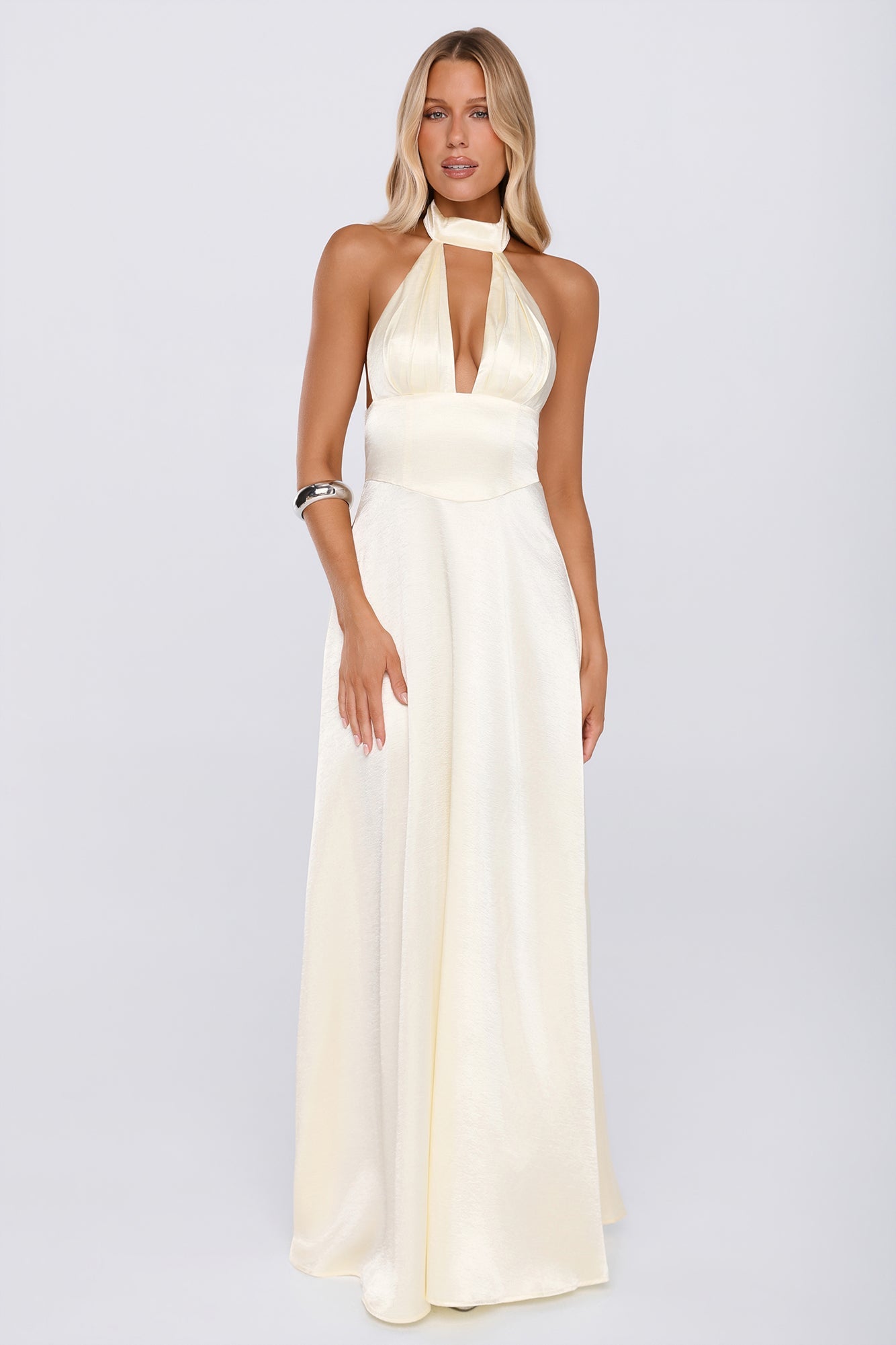The Dress Diary Satin Halter Maxi Dress Yellow