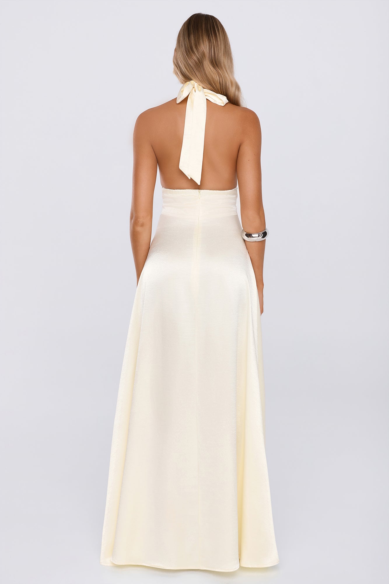 The Dress Diary Satin Halter Maxi Dress Yellow