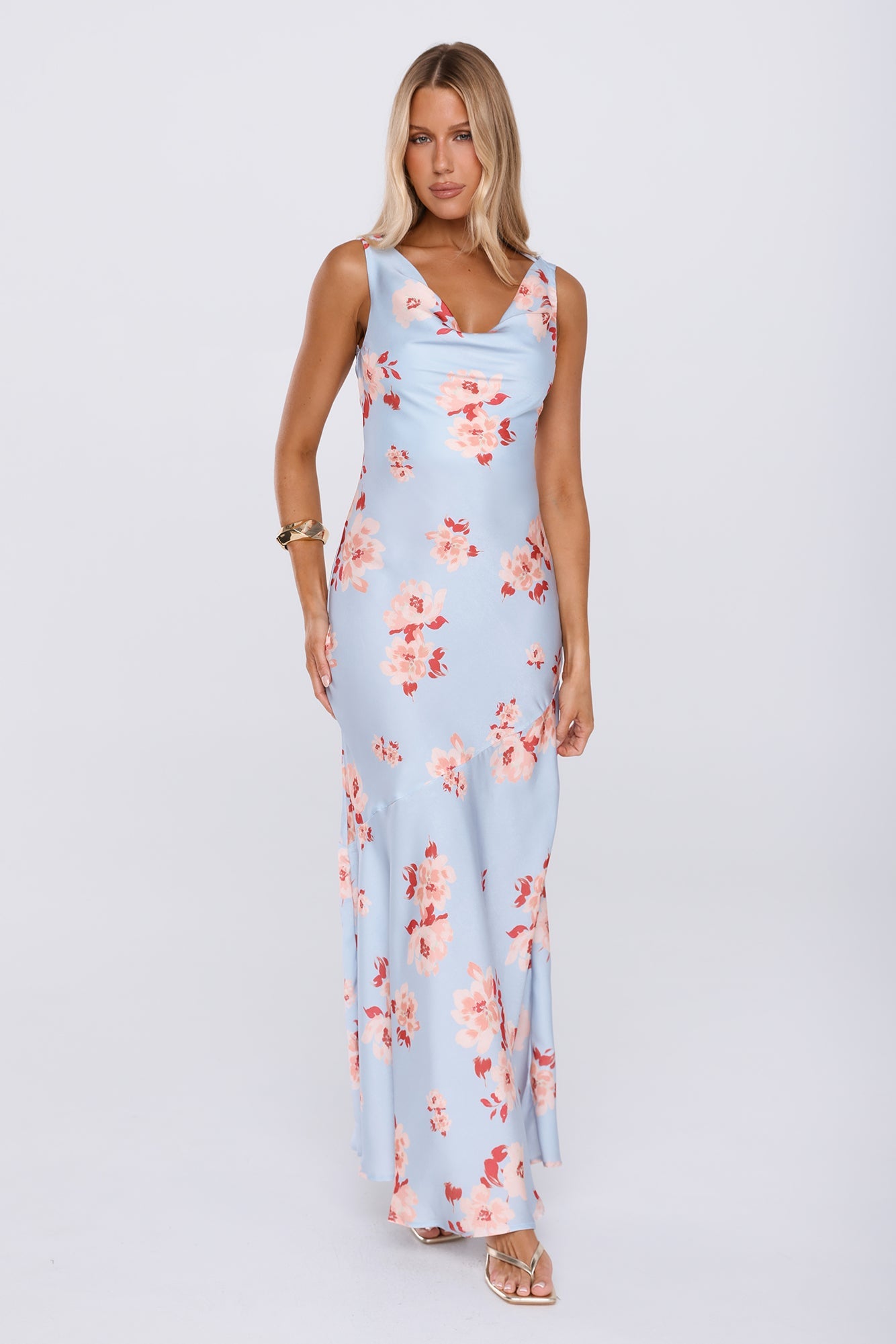 Elegant Garden Satin Cowl Neck Maxi Dress Blue