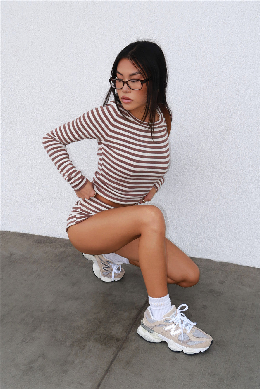 BASE Luxe Rib Fold Over Shorts Brown Stripe