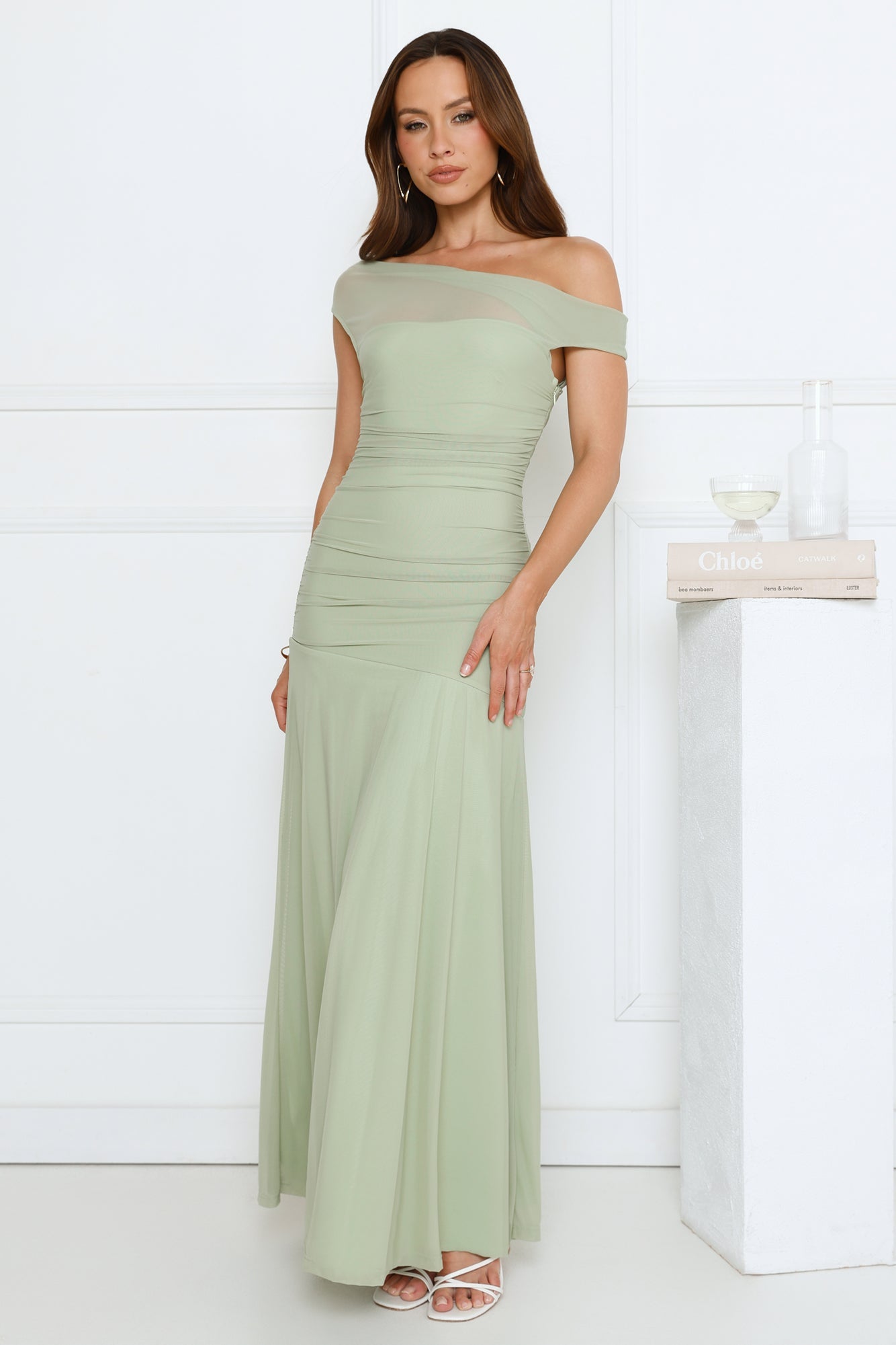 Dusk Noir Off Shoulder Maxi Dress Sage
