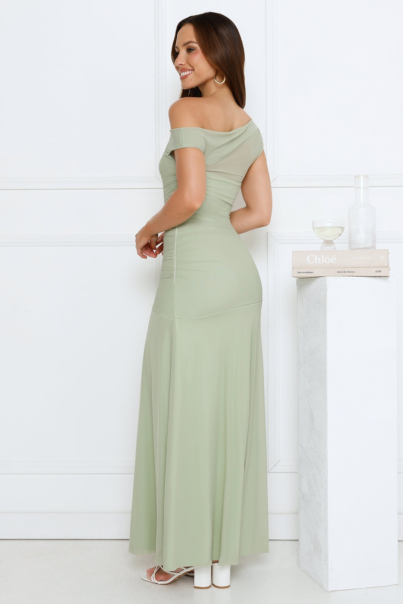 Dusk Noir Off Shoulder Maxi Dress Sage