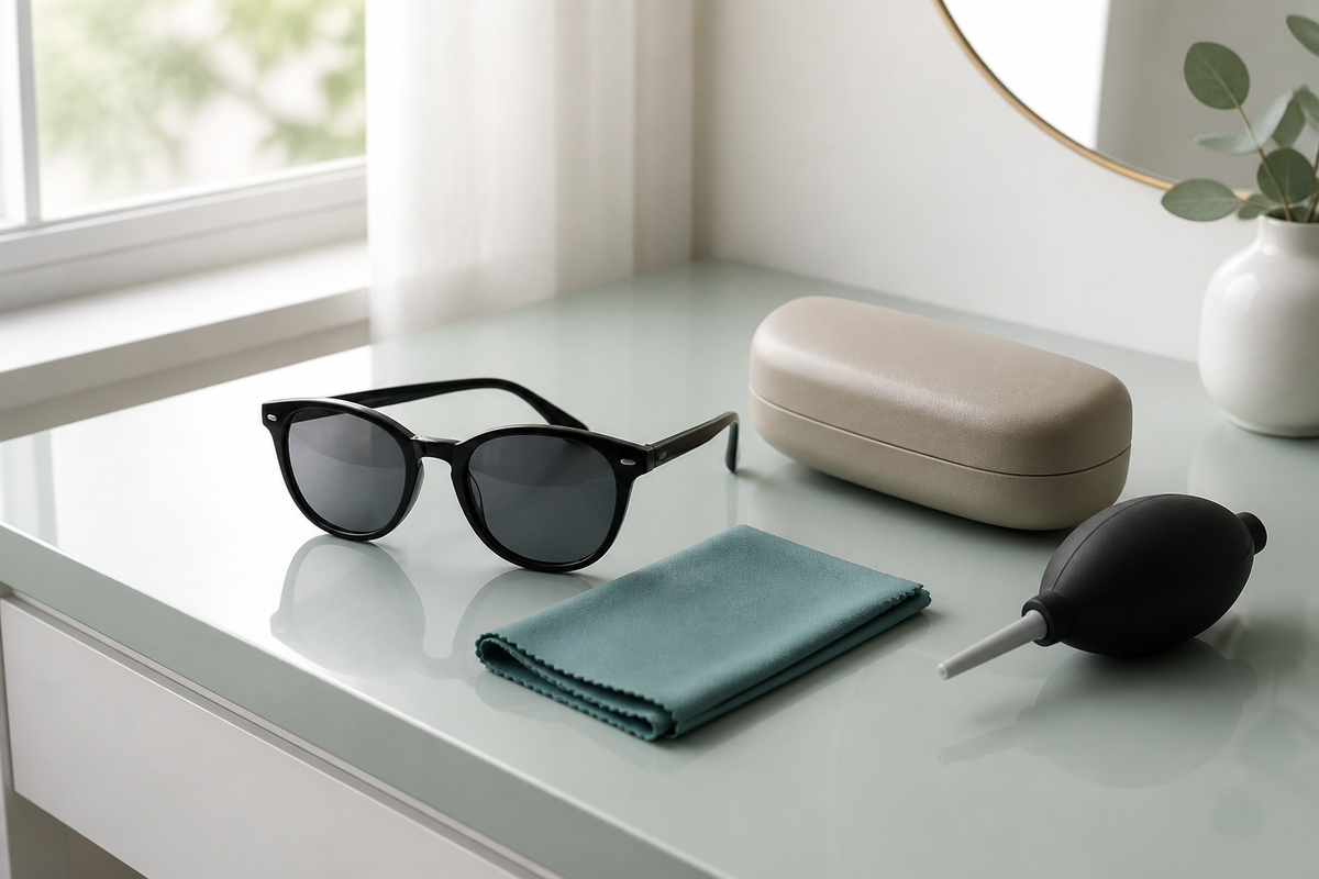 Unbranded sunglasses with a microfibre cloth, case and air blower
