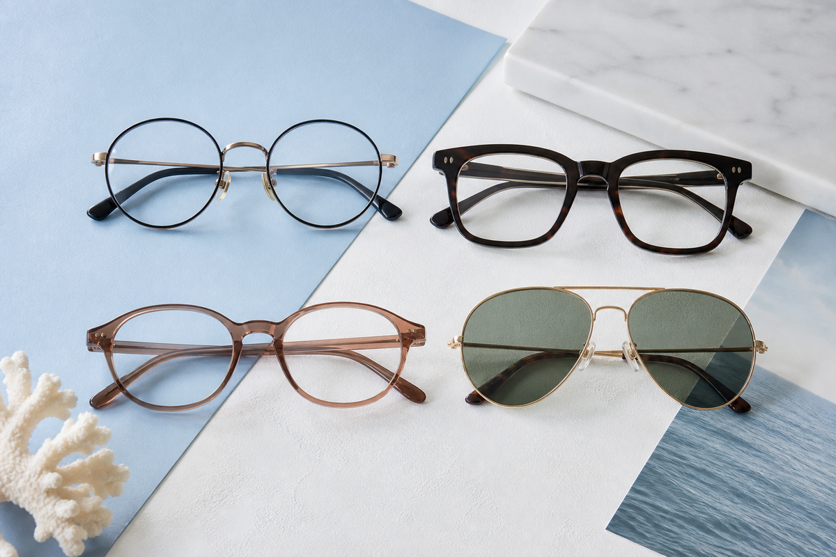 Four unbranded eyewear frame shapes arranged on a clean studio surface