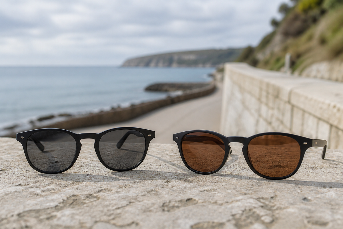 Two unbranded sunglasses with grey and brown lens tints on a coastal ledge