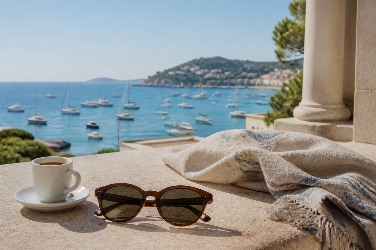 Unbranded sunglasses on a sunlit terrace overlooking a Riviera harbour