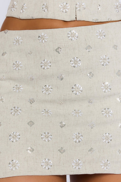 Subtle Attraction Embellished Mini Skirt Beige