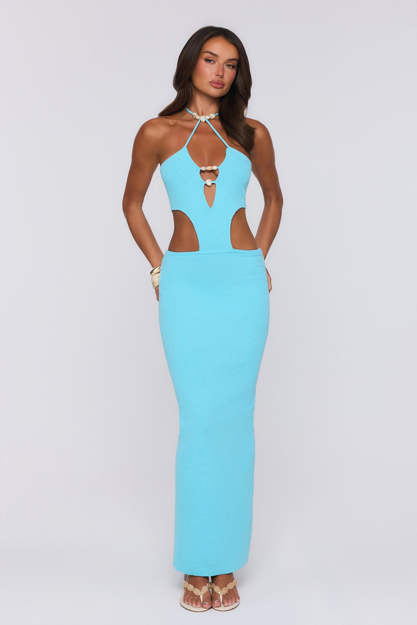 Beachside In Cabo Knit Halter Maxi Dress Aqua