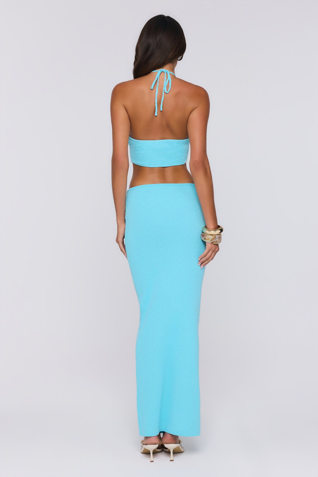 Beachside In Cabo Knit Halter Maxi Dress Aqua