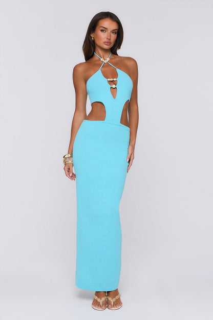 Beachside In Cabo Knit Halter Maxi Dress Aqua