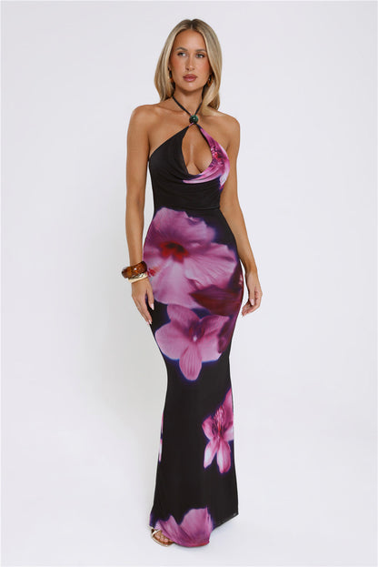 Midnight Blossoms Halter Maxi Dress Floral