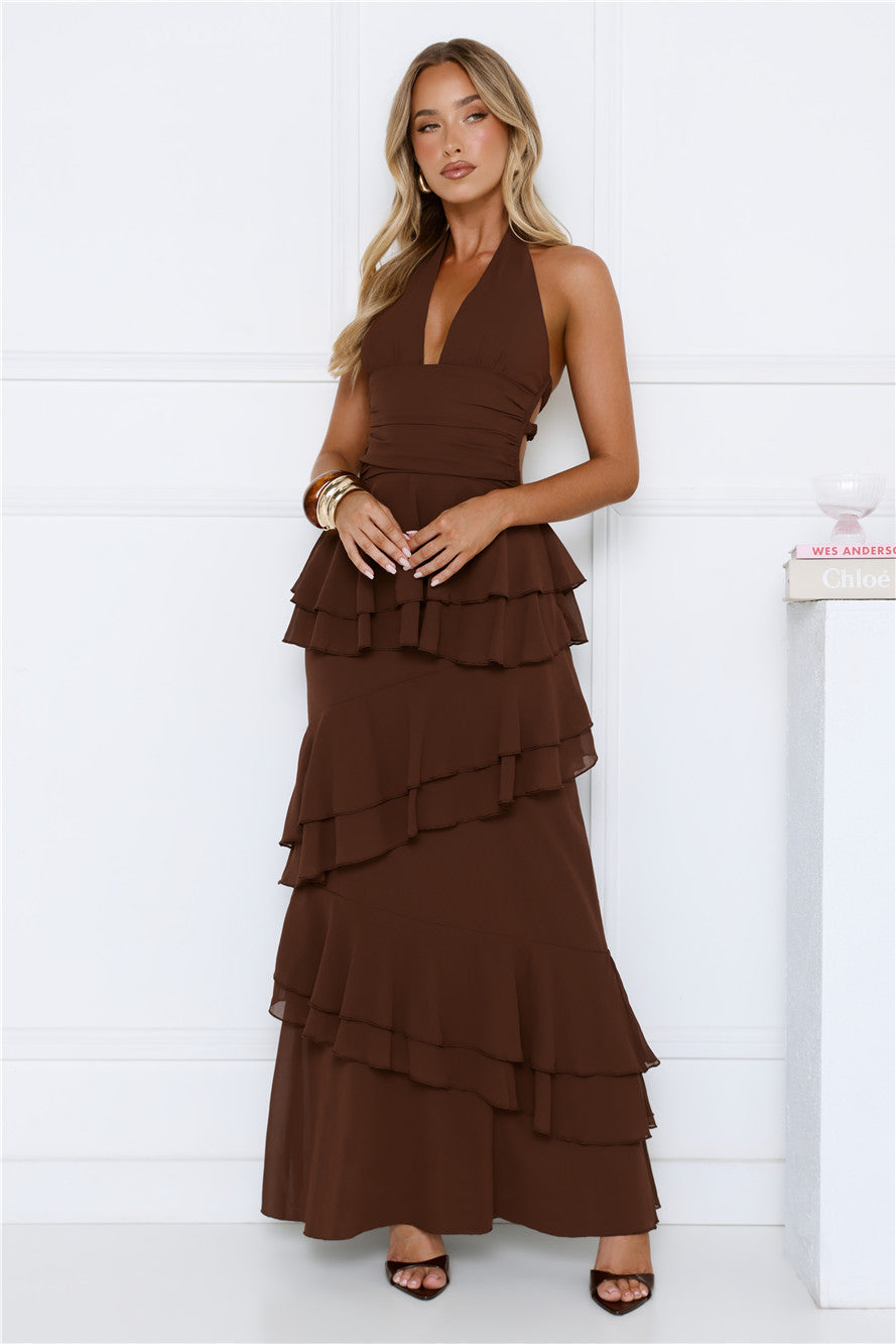 Power Glow Halter Maxi Dress Brown