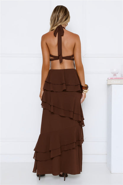 Power Glow Halter Maxi Dress Brown
