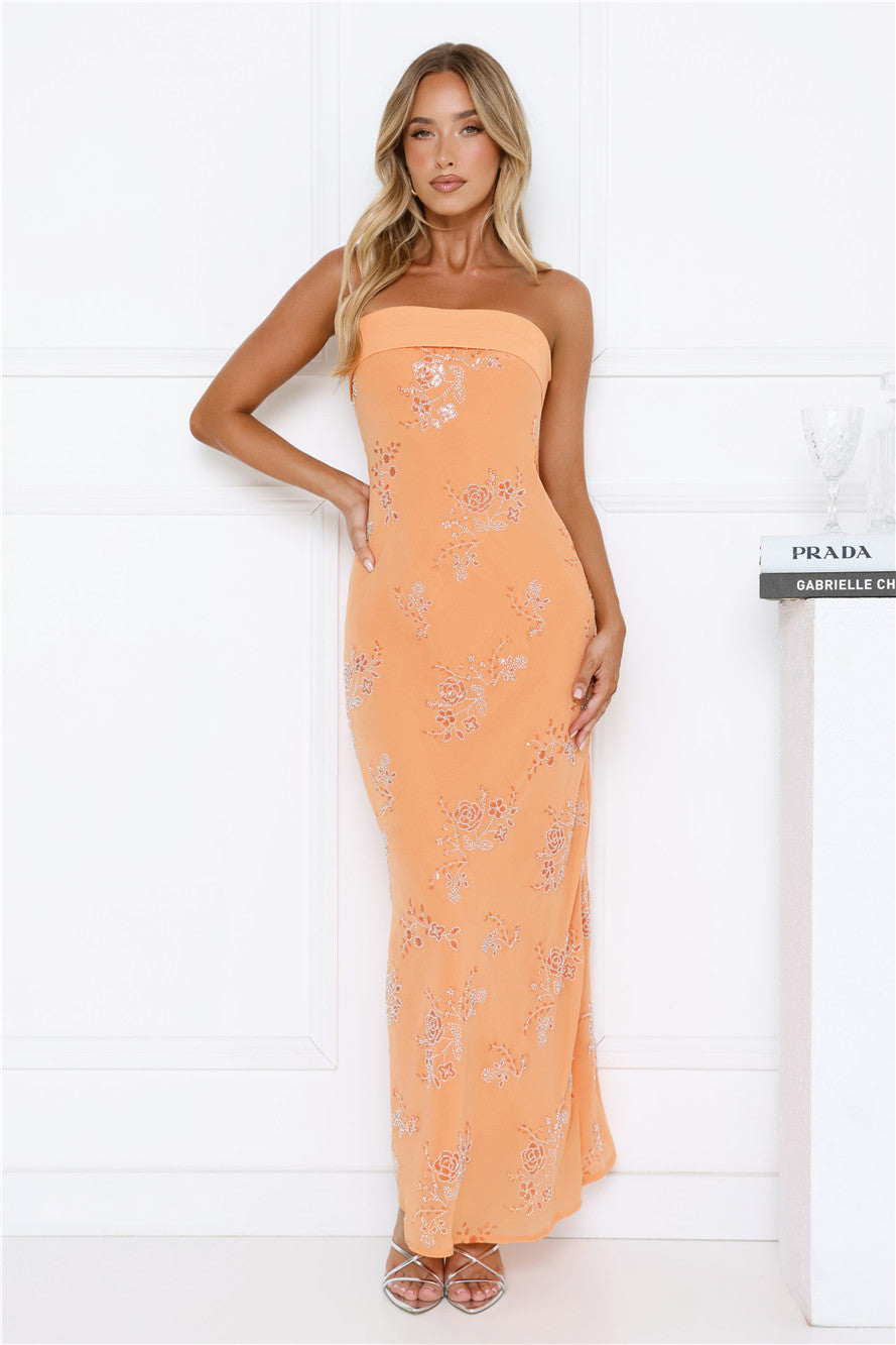 Downtown Glow Sequin Strapless Maxi Dress Orange