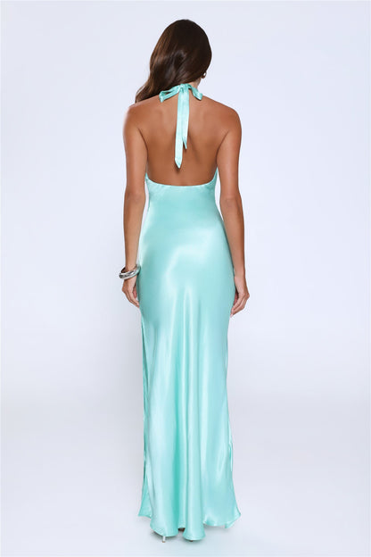 Rule Her World Halter Satin Maxi Dress Aqua