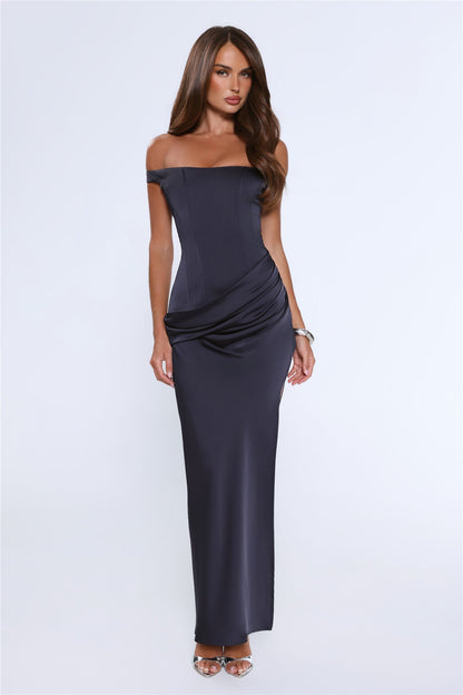 The After Party Off Shoulder Satin Maxi Dress Navy