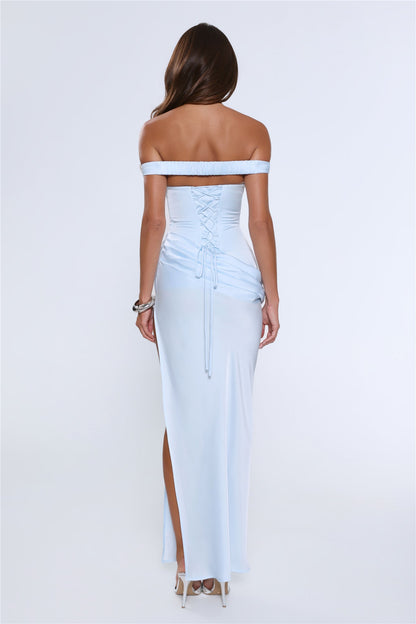 The After Party Off Shoulder Satin Maxi Dress Blue