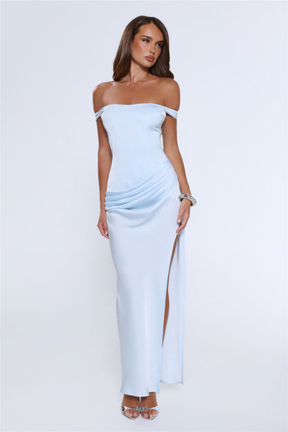 The After Party Off Shoulder Satin Maxi Dress Blue