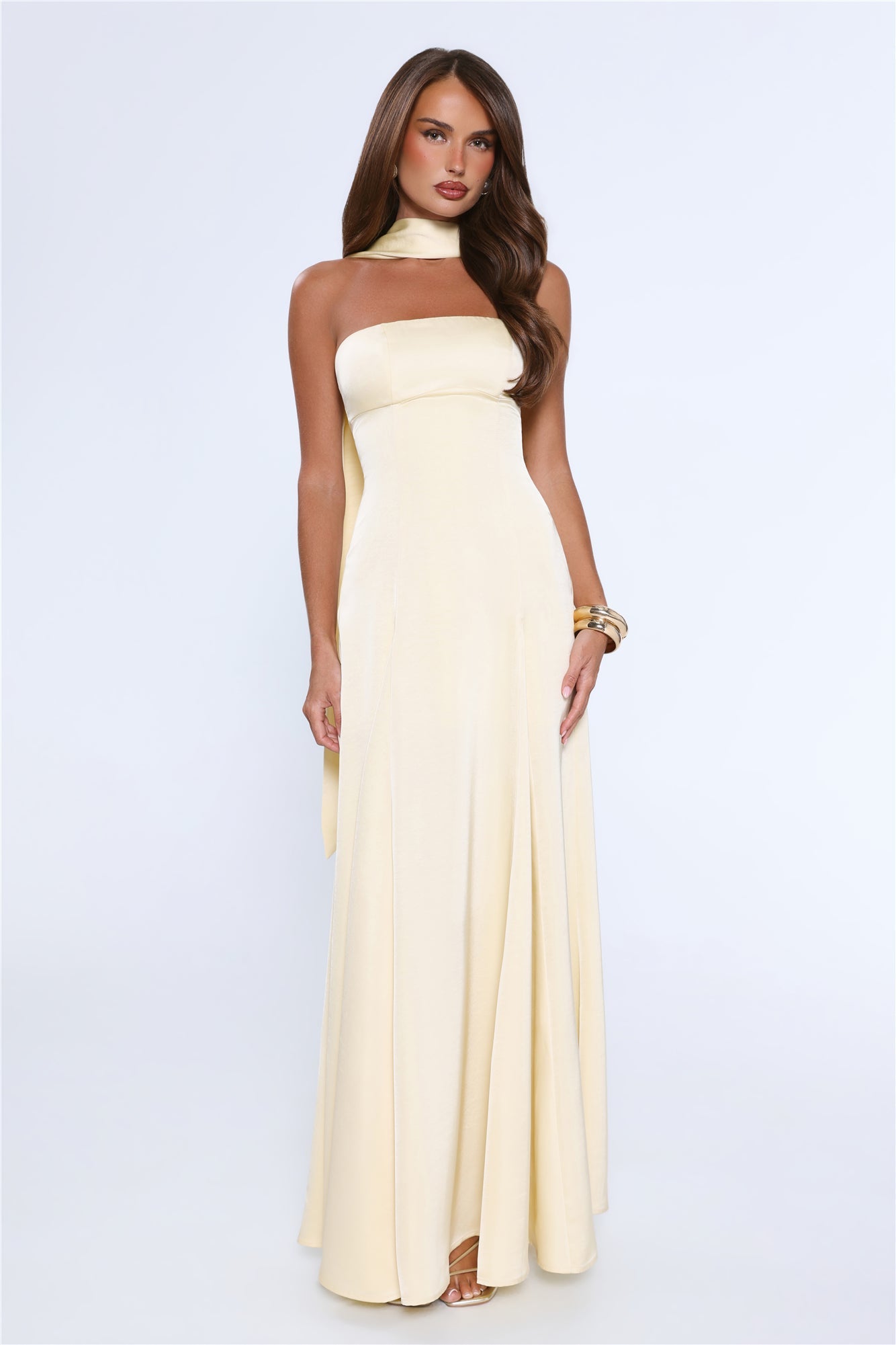 Satin Tempt Strapless Maxi Dress Lemon