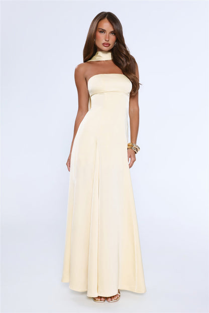 Satin Tempt Strapless Maxi Dress Lemon
