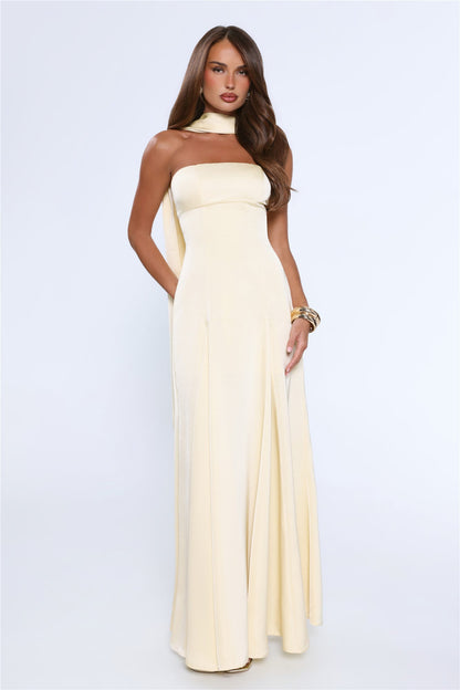 Satin Tempt Strapless Maxi Dress Lemon