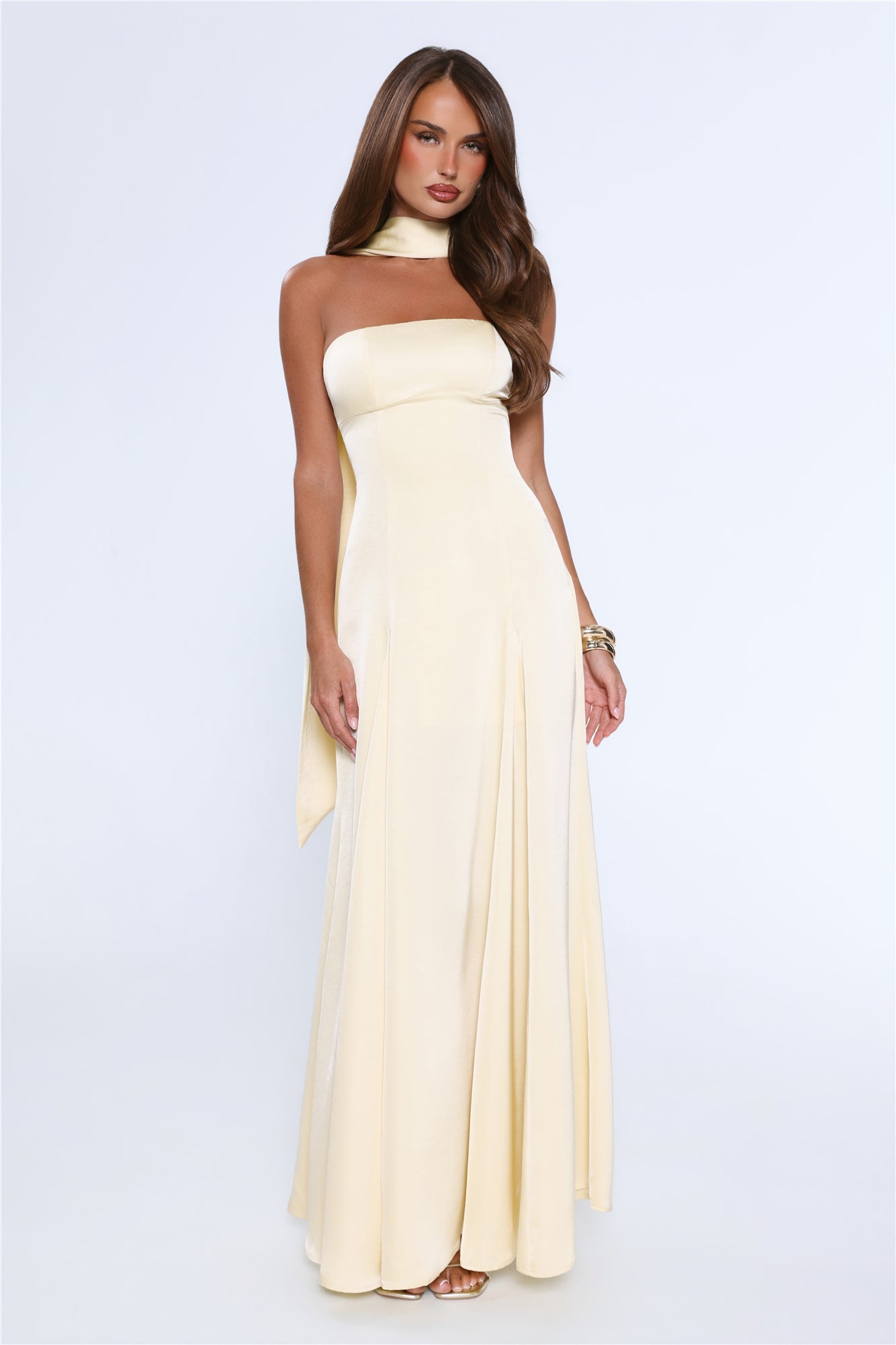 Satin Tempt Strapless Maxi Dress Lemon
