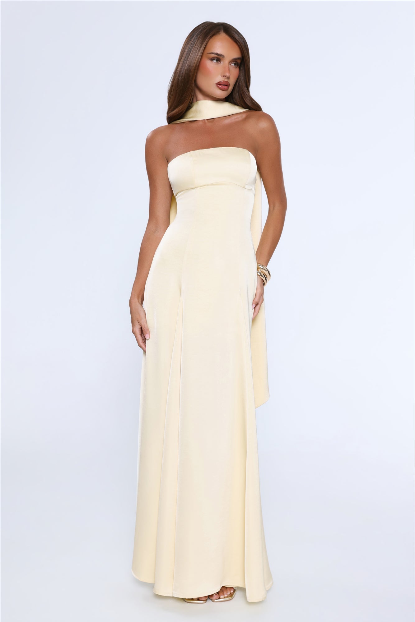 Satin Tempt Strapless Maxi Dress Lemon