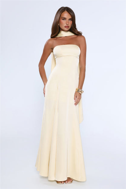 Satin Tempt Strapless Maxi Dress Lemon