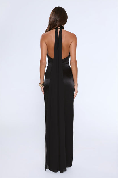 Effortless Luxe Halter Satin Maxi Dress Black